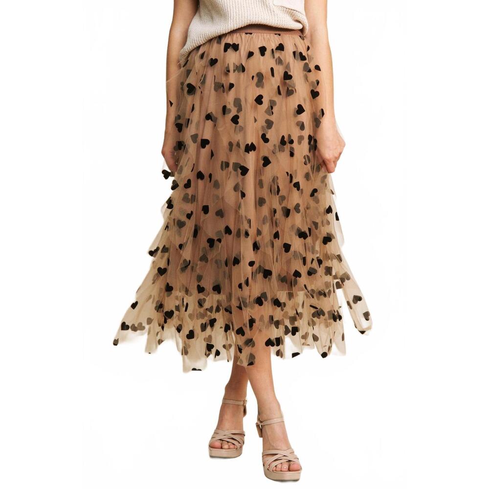 NEW SWEET GENERIS all frills velvet heart flocked midi skirt in mocha